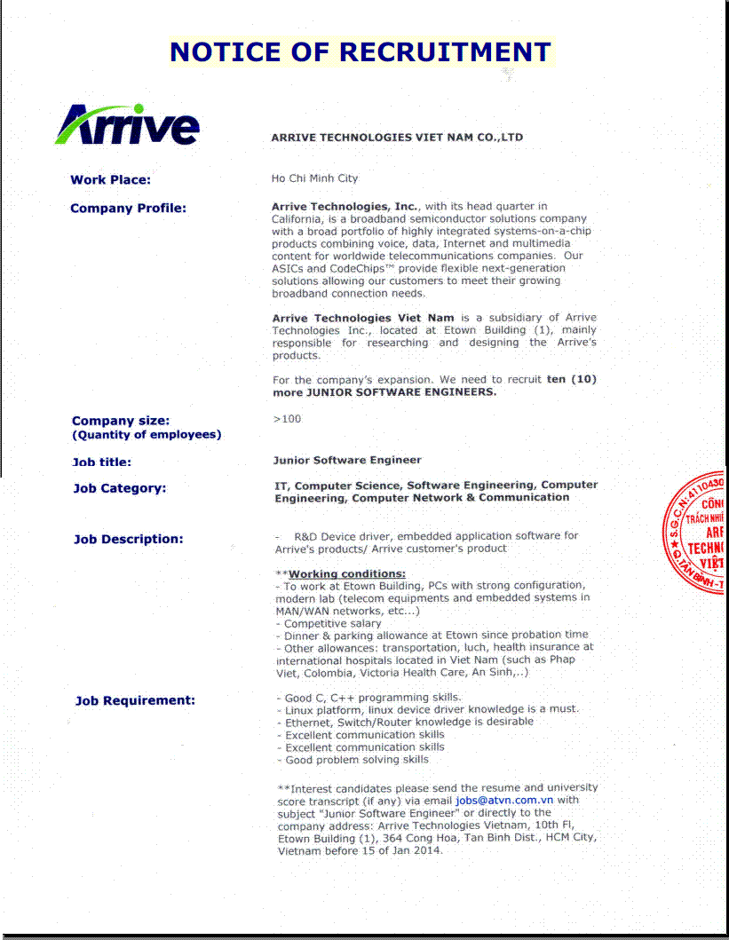 Arrive Technologies tuyển dụng Junior Software engineer 