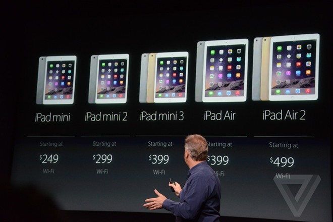Apple chỉ dành một khoảng thời gian ngắn để giới thiệu về mẫu iPad mini 3 của hãng. Model này sẽ có giá từ 399 USD cho bản 16 GB. Trong khi đó, sản phẩm iPad mini 2 và iPad Air đời đầu sẽ được giảm giá 100 USD. Điều này đồng nghĩa với việc, chiếc iPad mini 2 (còn gọi là iPad mini Retina sẽ có giá bán từ 299 USD, mức giá rất hấp dẫn. Sản phẩm iPad mini đời đầu vẫn được giữ lại, bán ra với giá từ 249 USD.